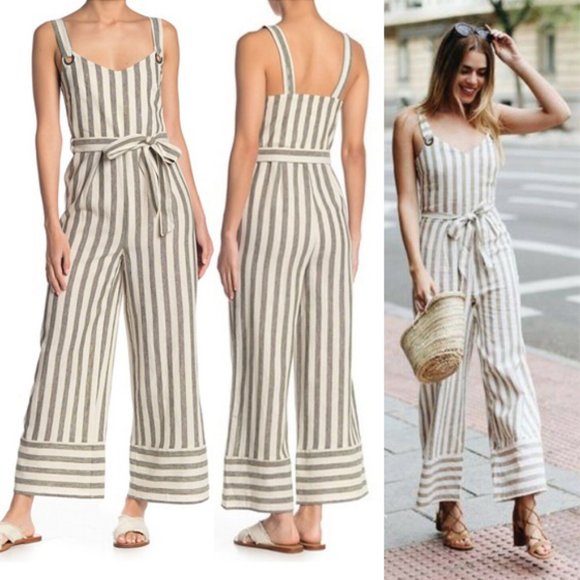 NEW Light Moss Olive Green Striped Tie Waist Linen Cotton Blend Jumpsuits $140 - Picture 7 of 8